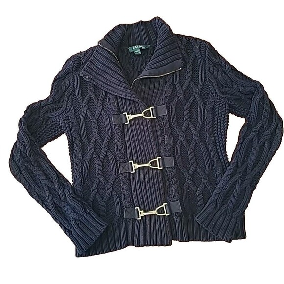 LAUREN RALPH LAUREN CABLE KNIT JACKET CARDIGAN SWEATER GOLD BUCKLES ZIP Petite S - Picture 1 of 9